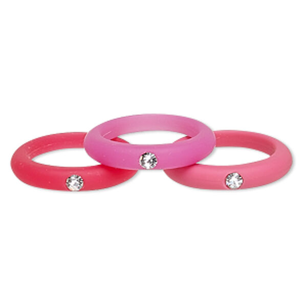Ring, stretch, glass rhinestone and silicone, pink / red / purple, 4mm wide, size 7.5 to 9. Sold per pkg of 3. image number 0