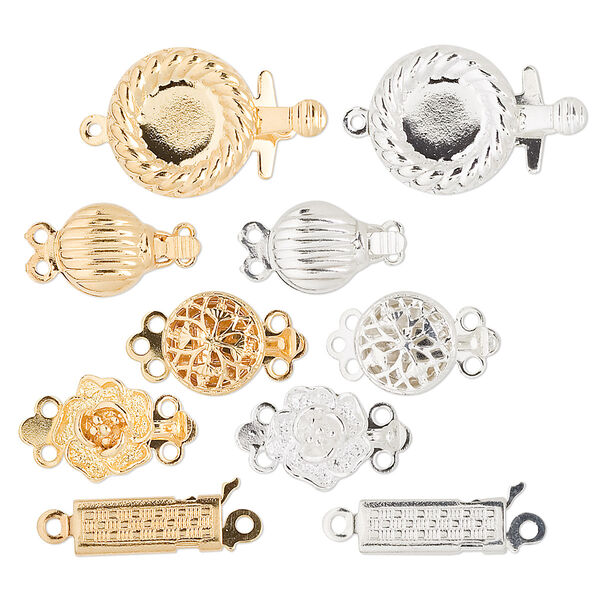 Clasp mix, tab, gold- and silver-plated brass, 9x8mm-13x6mm fancy mixed shapes. Sold per pkg of 50. image number 0