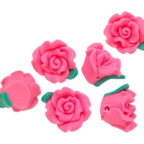 Bead, polymer clay, dark pink and green, 13x13x9mm flower. Sold per pkg of 6. image number 0