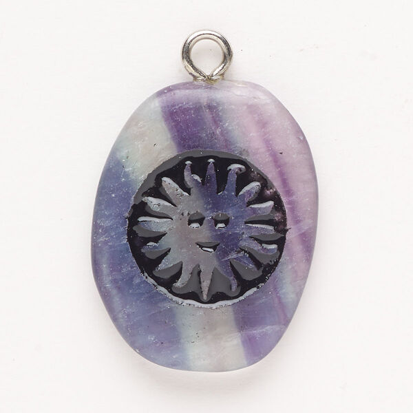 Focal, steel/rainbow fluorite (natural)/enamel, pkg/1, silver finish and black, 30x24mm-39x27mm single-sided puffed freeform with sunface, B- grade. image number 0