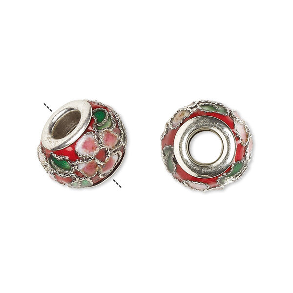 Bead, Dione®, cloisonné, enamel and silver-plated brass grommets, red / pink / green, 14x10mm rondelle with flower and leaves design. Sold per pkg of 4. image number 0
