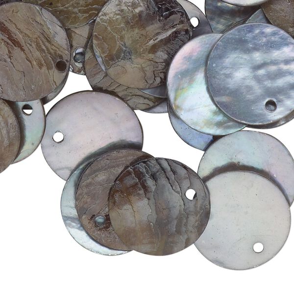 Drop, mussel shell (dyed / coated), peacock, 15mm flat round, Mohs hardness 3-1/2. Sold per pkg of 100. image number 0