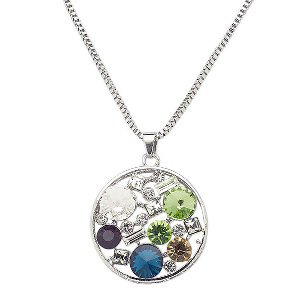 Necklace, glass rhinestone with silver-plated steel and "pewter" (zinc-based alloy), multicolored, 35mm round, 16 inches with 2-inch extender chain and lobster claw clasp. Sold individually. image number 0