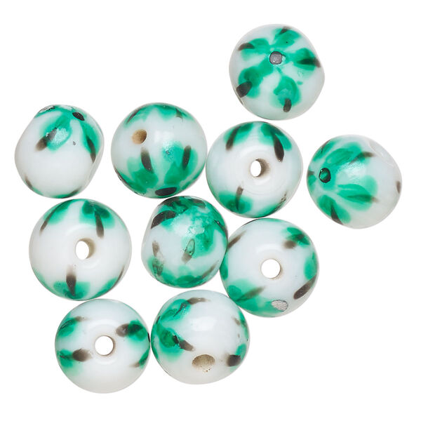 Bead, lampworked glass, opaque white / black / teal green, 9-11mm round. Sold per pkg of 10. image number 0