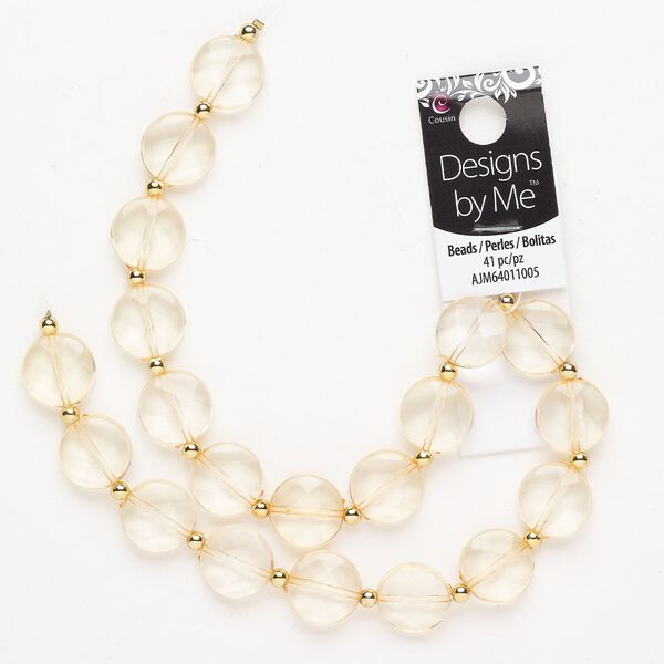 Bead 1pkg41 acrylic and gold-finished brass, peach, 15mm faceted puffed flat round bead and 4mm round. image number 0