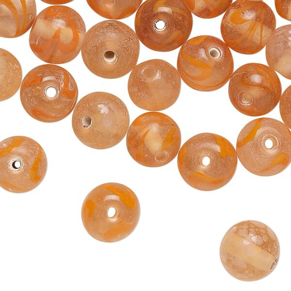 Bead, lampworked glass, translucent orange and clear, 9x8mm round with swirl design. Sold per 2-ounce pkg of approximately 75 beads. image number 0