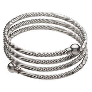 Bracelet, bangle, stainless steel, 3.5mm triple twisted cable, 6-1/2 inches with 8mm twist-off ball ends. Sold individually.