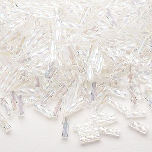 Bugle bead, Dyna-Mites™, glass, translucent rainbow clear, 6mm twisted. Sold per 1/2 kilogram pkg.