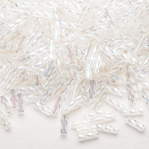 Bugle bead, Dyna-Mites™, glass, translucent rainbow clear, 6mm twisted. Sold per 1/2 kilogram pkg. image number 0