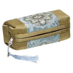 Pouch, polyester / nylon / brass-finished "pewter" (zinc-based alloy), green / blue / multicolored, 7 x 3 x 3-inch rectangle with flower design / coin replica / tassel, zipper closure. Sold individually.