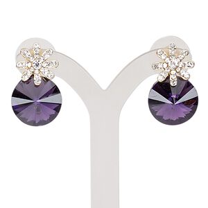 Earring, glass / glass rhinestone / stainless steel / gold-finished "pewter" (zinc-based alloy), purple and clear, 22mm with round and post. Sold per pair.