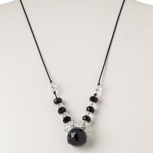 Necklace, silver-finished steel / nylon cord / glass, black and clear, 22x21mm faceted teardrop, 20 inches with 2-inch extender chain and lobster claw clasp. Sold individually.