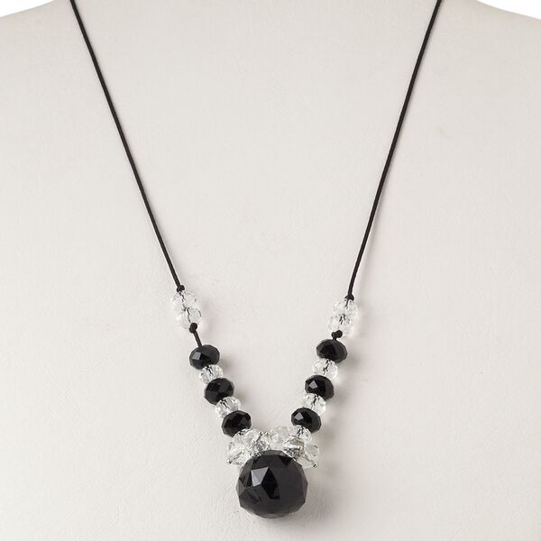 Necklace, silver-finished steel / nylon cord / glass, black and clear, 22x21mm faceted teardrop, 20 inches with 2-inch extender chain and lobster claw clasp. Sold individually. image number 0