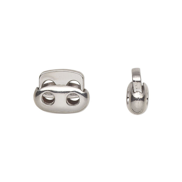 Cord lock, imitation rhodium-plated plated "pewter" (zinc-based alloy) and steel, 13.5x11mm flat oval with (2) holes. Sold per pkg of 6. image number 0