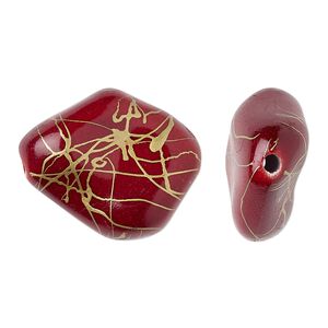 Bead, acrylic, red and gold, large nugget with swirls. Sold per pkg of 20.