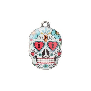Charm, resin and antique silver-plated "pewter" (zinc-based alloy), multicolored, 19x14.5mm single-sided Dia de los Muertos skull with heart and coffin design. Sold individually.