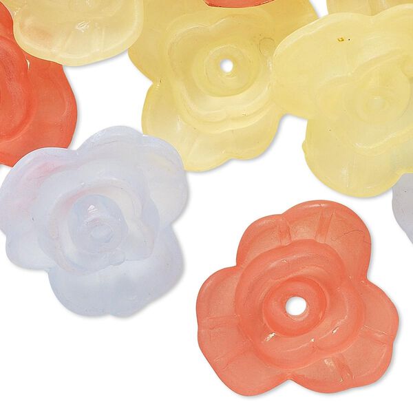Component mix, acrylic, translucent frosted dark pink / yellow / light blue, 21x8mm flower. Sold per pkg of 30. image number 0