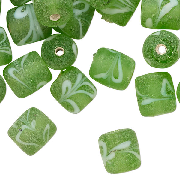 Bead, lampworked glass, translucent green and white, 11x9mm round tube with swirl design. Sold per 2-ounce pkg, approximately 40 beads. image number 0