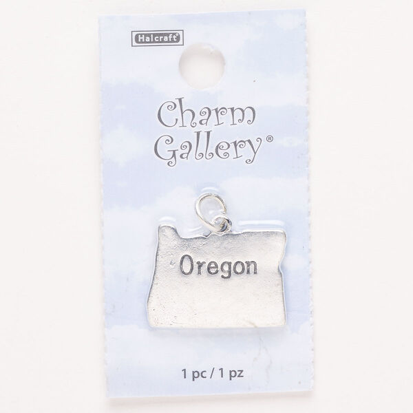 Charm, steel and enamel, pkg/1, silver finish and black, 24x18mm with "Oregon." image number 0