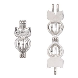 Pendant, imitation rhodium-finished "pewter" (zinc-based alloy), 26x11.5mm double-sided owl bead cage, fits up to 6mm bead. Sold individually.