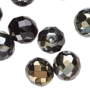 Bead, Czech fire-polished, glass, opaque black and gold-amber, 14mm faceted round. Sold per pkg of 10.