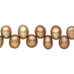 Freshwater pearl 1pkg1, top-drilled rice, 15.5-16 inch golden copper / light copper 7x6mm-9x7mm cultured