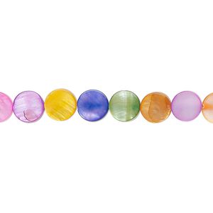 Bead, freshwater pearl shell (dyed), mixed colors, 6mm flat round, Mohs hardness 3-1/2. Sold per 15-1/2" to 16" strand.