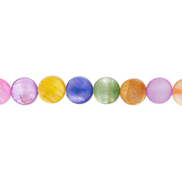 Bead, freshwater pearl shell (dyed), mixed colors, 6mm flat round, Mohs hardness 3-1/2. Sold per 15-1/2" to 16" strand. image number 0