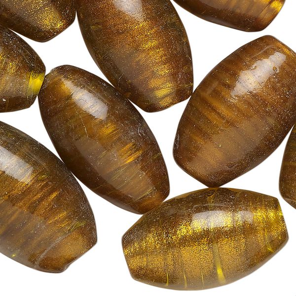 Bead, lampworked glass, translucent copper, 24x14mm oval with copper-colored glitter. Sold per pkg of 20 beads. image number 0