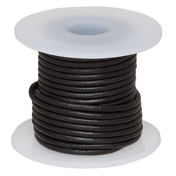 Cord, leather (dyed), black, 1.4-1.6mm round. Sold per 5-yard spool. image number 0