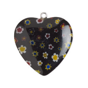 Focal 1pkg1, silver-finished steel / millefiori glass, opaque / translucent multicolored / black, 29-31mm puffed heart.