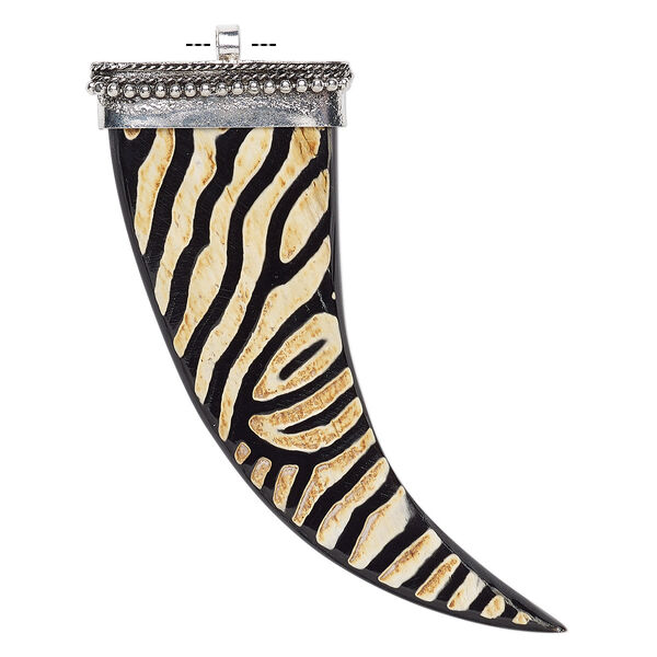 Focal, horn (natural) and antique silver-finished brass, 2-3/4 x 2-1/4 inch single-sided textured flat talon. Sold individually. image number 0