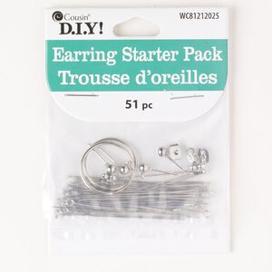Earring assortment 1pkg51, 21mm earring hoop / 21 inch head pin / 2 inch eye pin / 6mm earstud / earnuts, 22 gauge silver-finished brass / steel