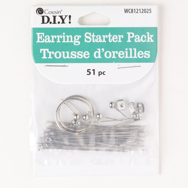 Earring assortment 1pkg51, 21mm earring hoop / 21 inch head pin / 2 inch eye pin / 6mm earstud / earnuts, 22 gauge silver-finished brass / steel image number 0