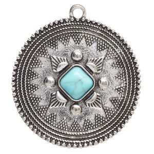Focal, antique silver-finished "pewter" (zinc-based alloy) and "turquoise" (resin) (imitation), turquoise blue, 38mm single-sided round. Sold per pkg of 2.