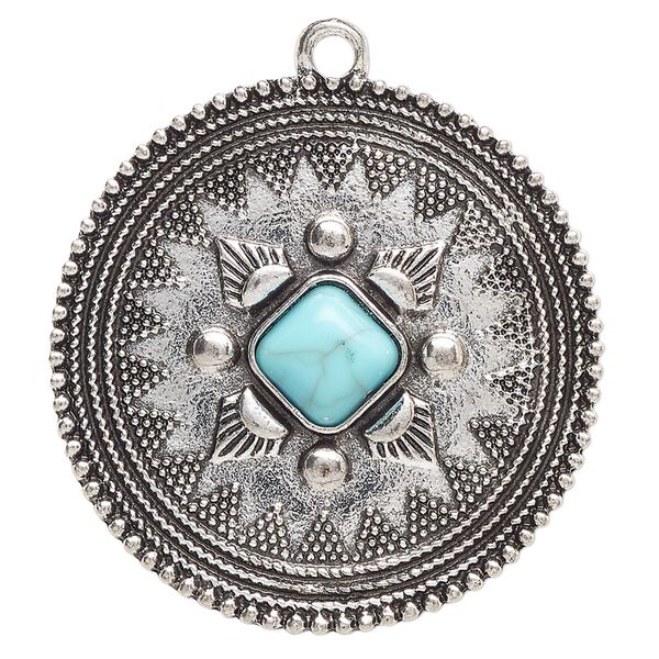 Focal, antique silver-finished "pewter" (zinc-based alloy) and "turquoise" (resin) (imitation), turquoise blue, 38mm single-sided round. Sold per pkg of 2. image number 0