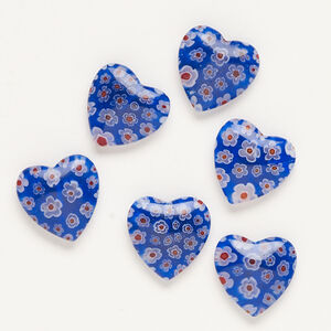 Bead, millefiori glass, translucent cobalt blue / red / white, 16-18mm half-drilled puffed heart. Sold per pkg of 6.