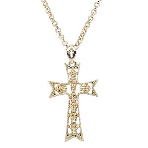 Necklace, glass with gold-finished steel and "pewter" (zinc-based alloy), clear, 48x29mm cross with skull design, 28 inches with 3-inch extender chain and lobster claw clasp. Sold individually.