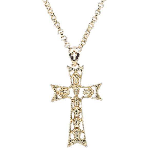 Necklace, glass with gold-finished steel and "pewter" (zinc-based alloy), clear, 48x29mm cross with skull design, 28 inches with 3-inch extender chain and lobster claw clasp. Sold individually. image number 0