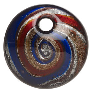 Focal, lampworked glass 1pkg1, opaque dark blue / red-brown / black with copper-colored glitter and silver-colored foil, 44mm top-drilled domed round.