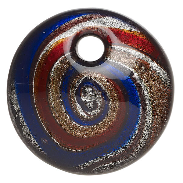 Focal, lampworked glass 1pkg1, opaque dark blue / red-brown / black with copper-colored glitter and silver-colored foil, 44mm top-drilled domed round. image number 0
