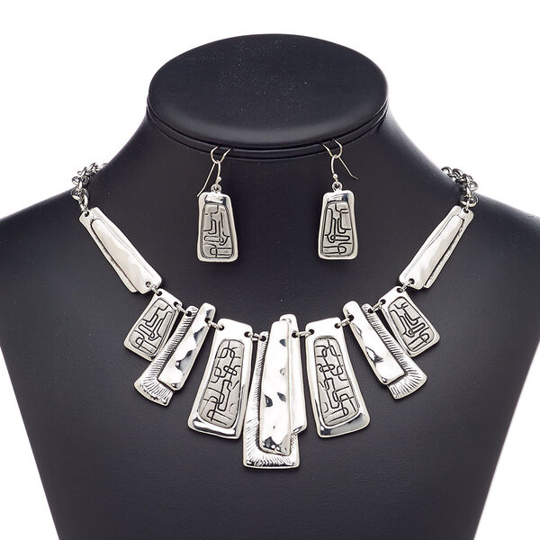 Necklace and earring set, antique silver-plated steel / brass / "pewter" (zinc-based alloy), trapezoid with line design, 18-inch necklace with 3-inch extender chain and lobster claw clasp, 1-1/2 inch earrings with fishhook ear wire. Sold per set. image number 0