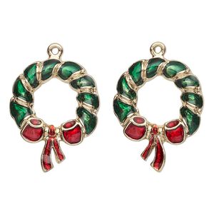 Charm, enamel and gold-finished "pewter" (zinc-based alloy), green and red, 24x18mm left- and right-facing single-sided Christmas wreath. Sold per pkg of 2.