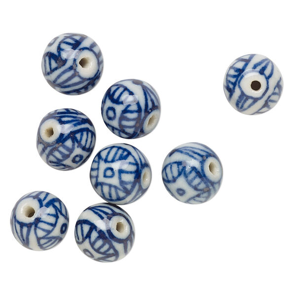 Bead, porcelain, blue and white, 11-12mm round with geometric design. Sold per pkg of 8. image number 0