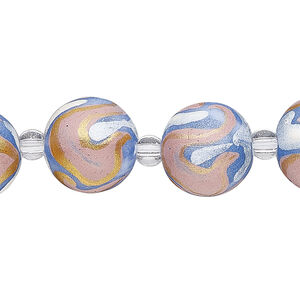 Bead, glass 1pkg8, multicolored, 14mm round with hand-painted spiral.