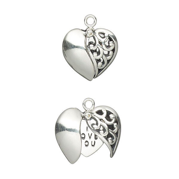 Charm, antiqued sterling silver, 13.5mm single-sided winged puffed heart with cutout design and "I Love You" inner heart. Sold individually. image number 0