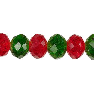 Bead, crackle glass, translucent red and green, 12x9mm faceted rondelle. Sold per pkg of 20.