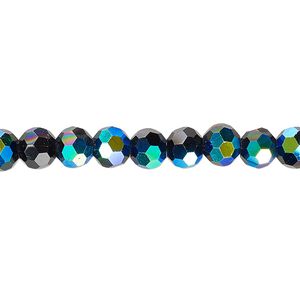 Bead 1pk 32 facets opaque black AB, Celestial Crystal® 6mm round 15.5-16 inch