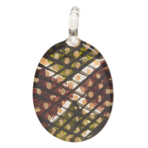 Focal, lampworked glass 1pkg1, opaque multicolored, 33x22mm-35x28mm single-sided oval with checkerboard pattern.