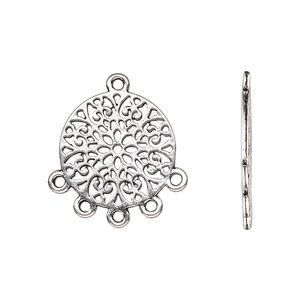 Drop, antique silver-finished "pewter" (zinc-based alloy), 18mm double-sided flat round with cutout mandala and 5 closed loops. Sold per pkg of 20.